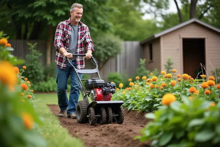 Homme d'âge moyen utilisant une motobineuse dans un jardin