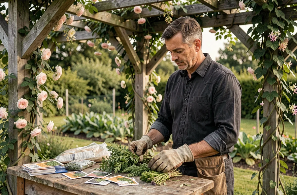 Homme organisant des herbes fraîches et graines sur un établi en bois sous une pergola végétalisée dans un jardin naturel