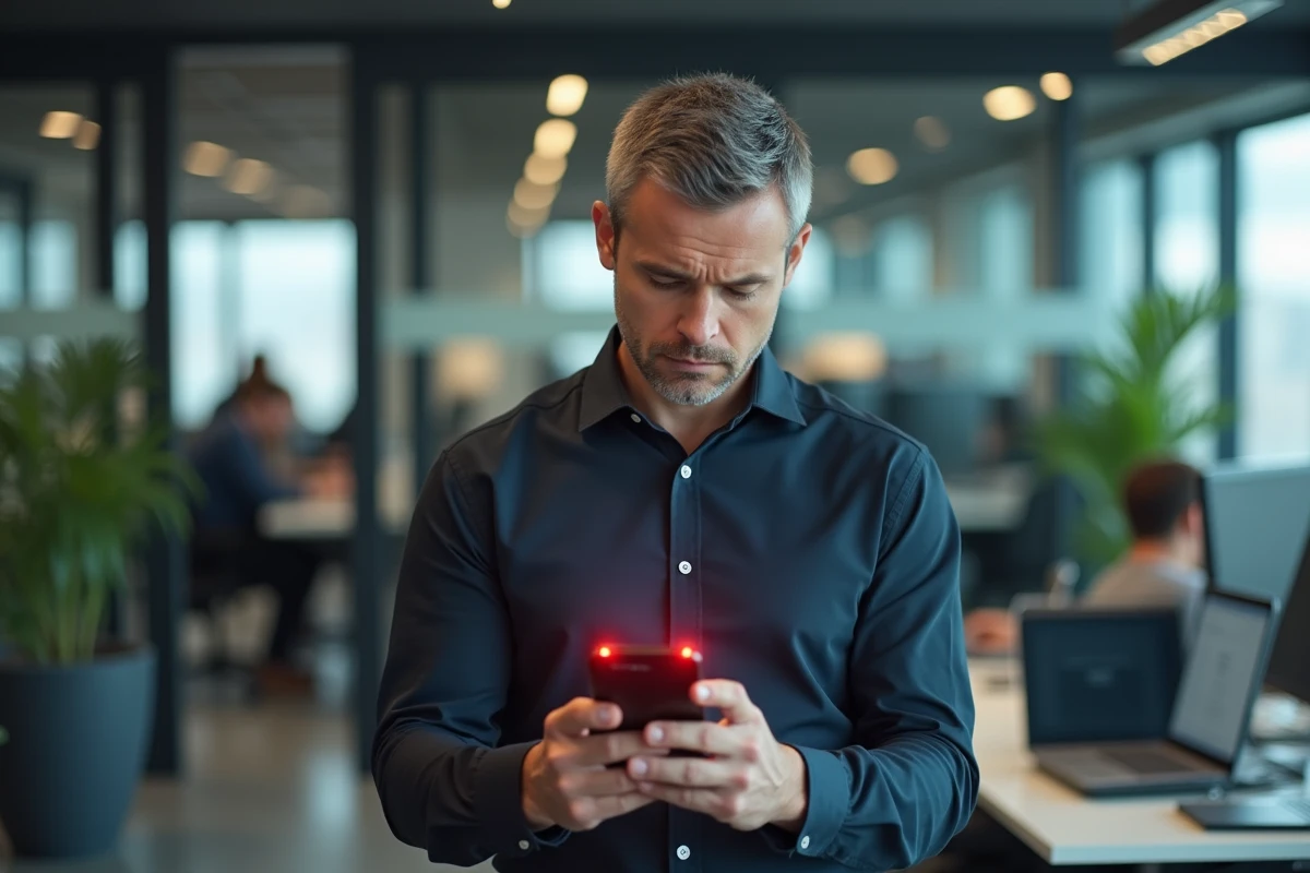 Homme en bureau moderne tenant un smartphone avec un site de phishing suspect affiché à l'écran