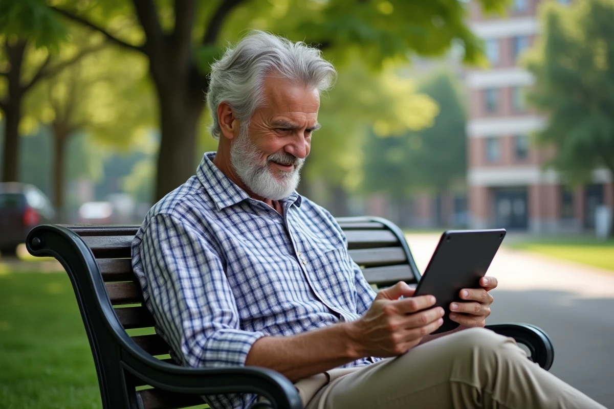 Homme senior utilisant une tablette dans un parc verdoyant