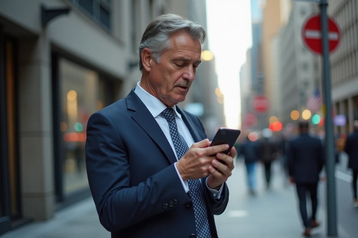 Homme d age moyen consultat des actualites sur son smartphone dans la ville