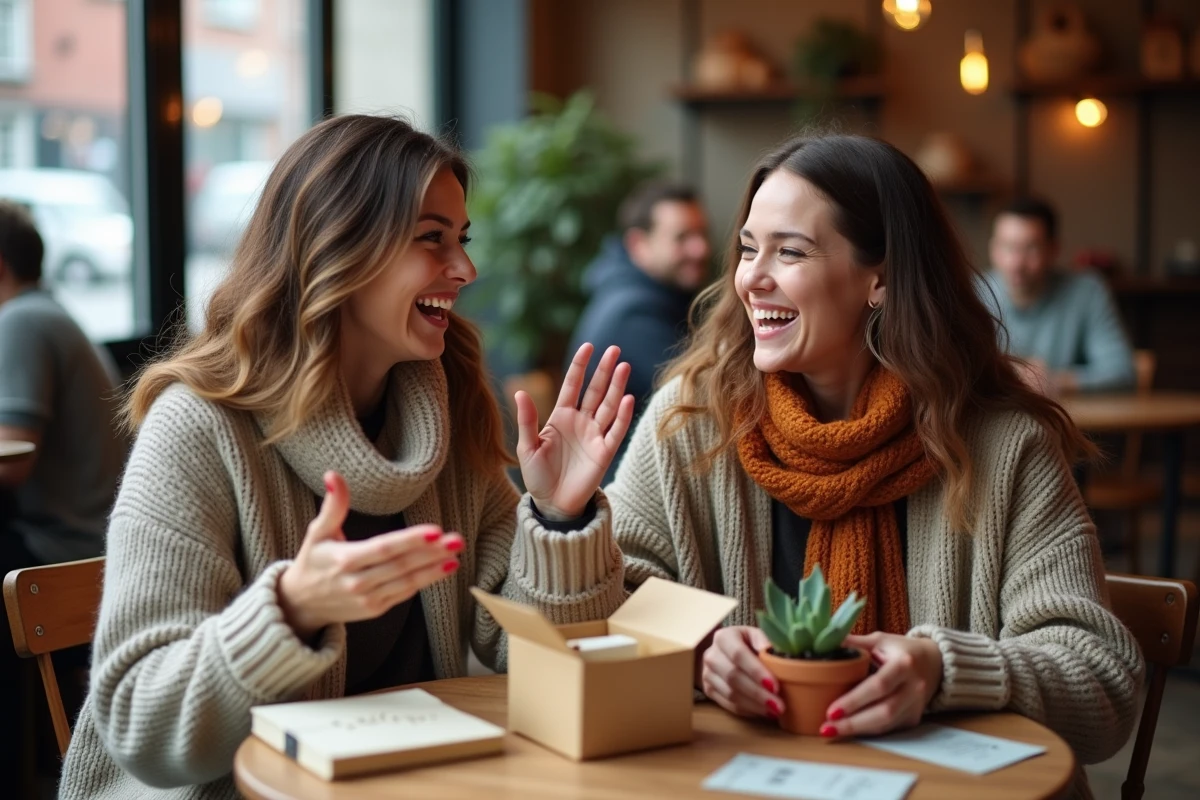 Deux amies partageant des idées cadeaux créatifs autour d'objets artisanaux dans un café urbain
