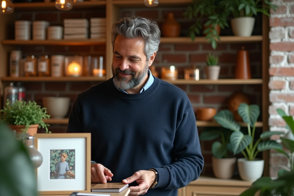 Homme explorant une boutique de cadeaux originaux avec livres illustrés et objets décoratifs