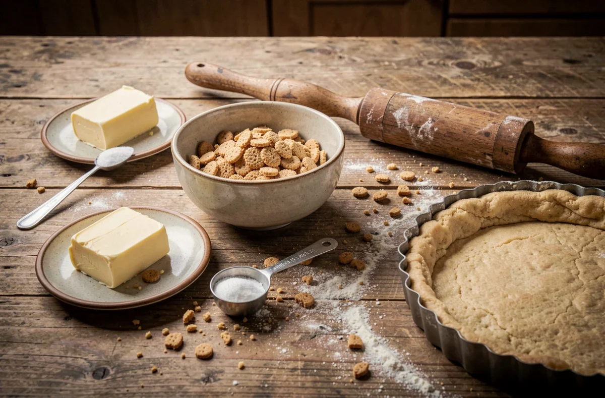 Ingrédients pour fond de biscuit croustillant disposés sur une table en bois rustique avec biscuits écrasés, beurre et moule