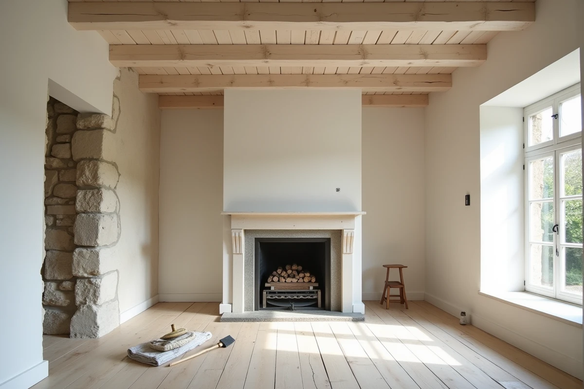 Intérieur d'une maison néo bretonne en rénovation avec murs en pierre apparente, parquet chêne et cheminée en ardoise