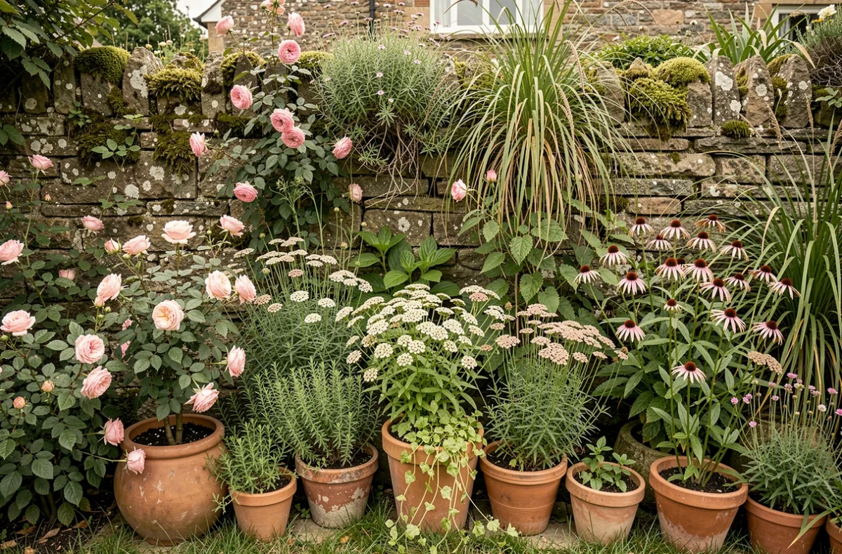Jardin cottage naturel avec roses sauvages, échinacées et pots en terre cuite sur un muret de pierres couvert de mousse