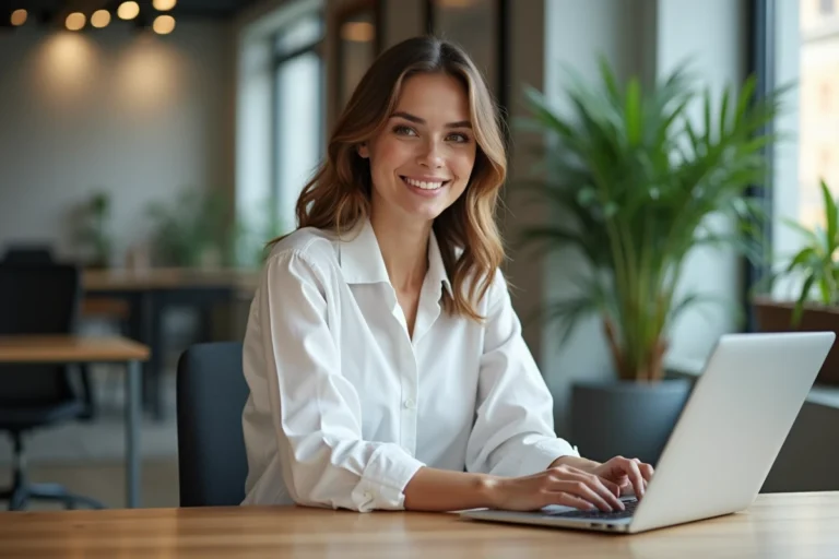 Jeune femme souriante travaillant sur un ordinateur dans un espace coworking