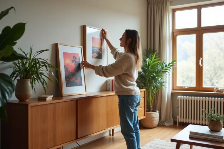Jeune femme arrangeant des œuvres d'art dans un salon moderne