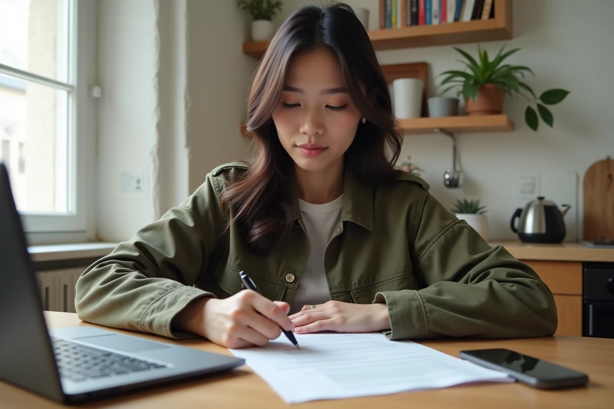 Jeune femme remplissant un formulaire OFII à son domicile avec un ordinateur portable