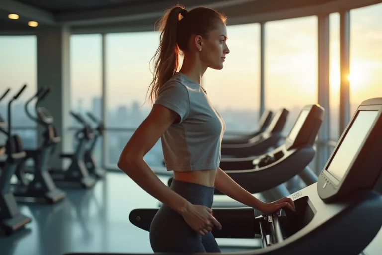 Jeune femme en jogging marche sur un tapis moderne dans une salle lumineuse
