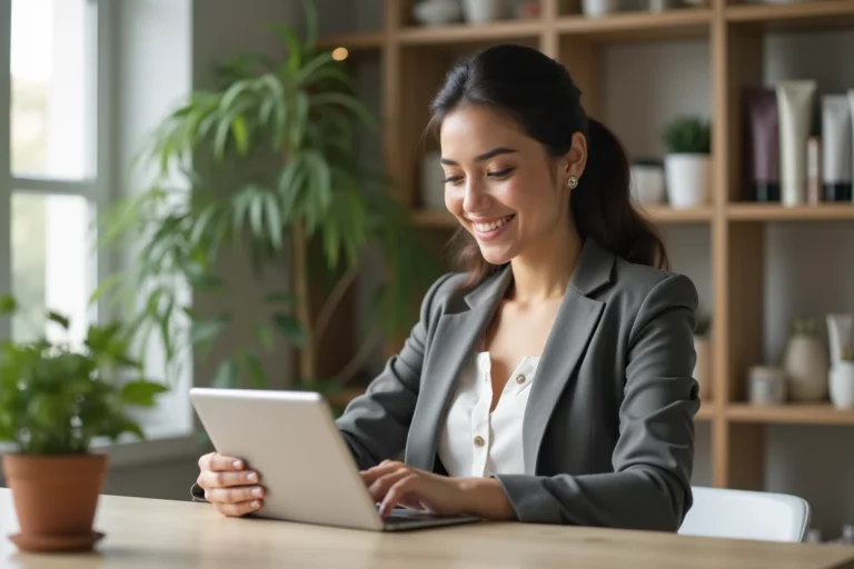 Jeune femme souriante utilisant une tablette dans un appartement lumineux