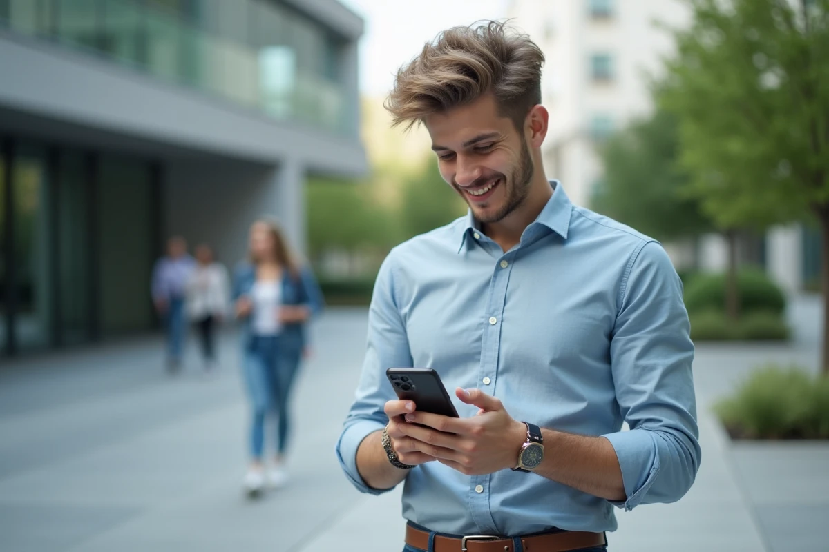 Jeune homme vérifiant un contrat digital avec smartphone en extérieur