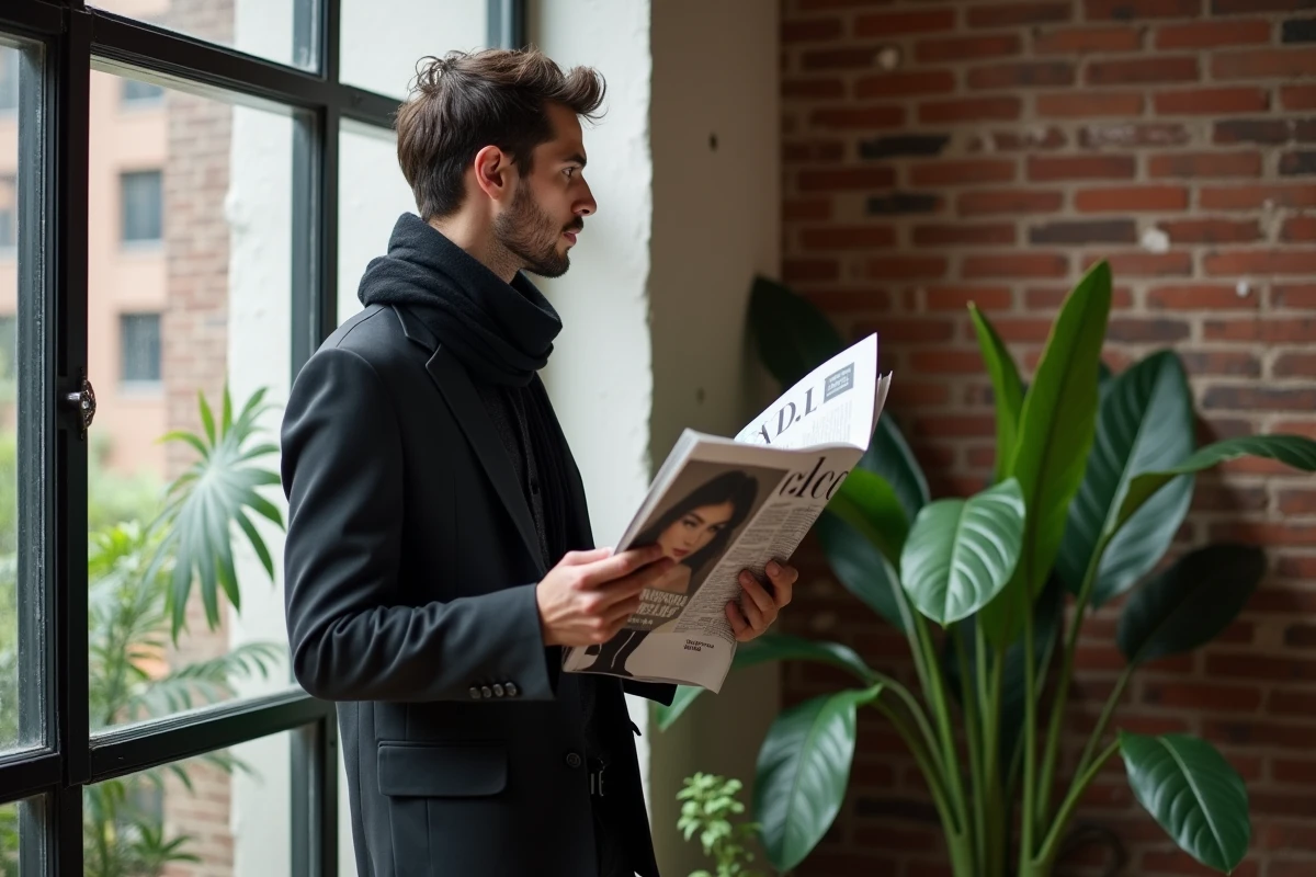 Jeune homme dans un studio créatif regardant par une grande fenêtre