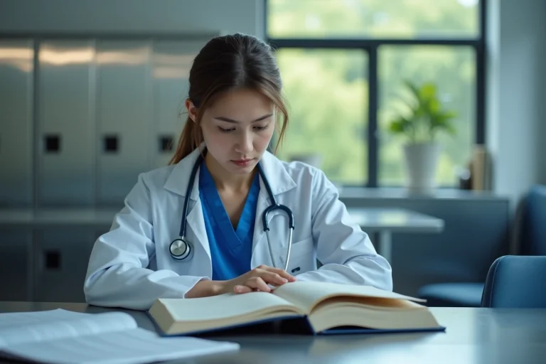 Jeune medecin resident en blouse bleue dans une salle de pause hospitalière