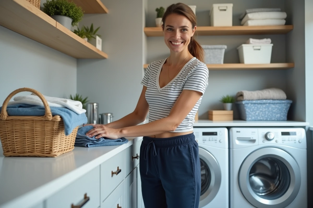 Maman qui plie le linge dans une buanderie bien organisée avec des bacs de rangement et une machine à laver