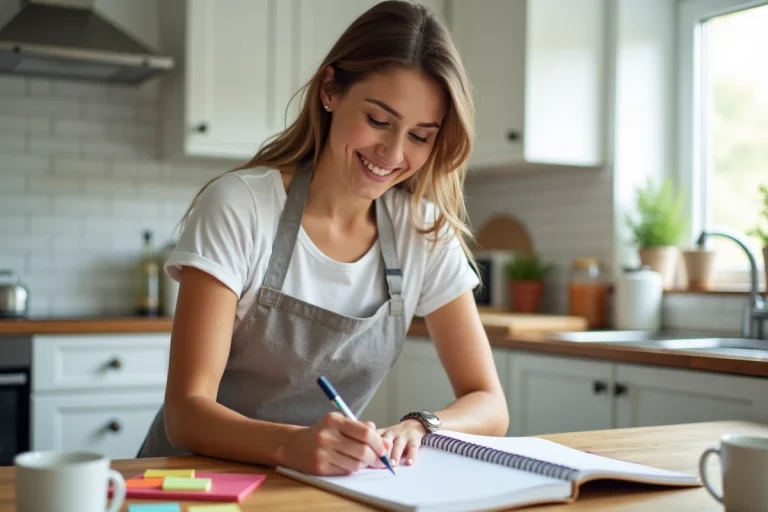Maman organisée écrivant dans un planning hebdomadaire dans sa cuisine moderne, entourée de notes colorées et d'un café