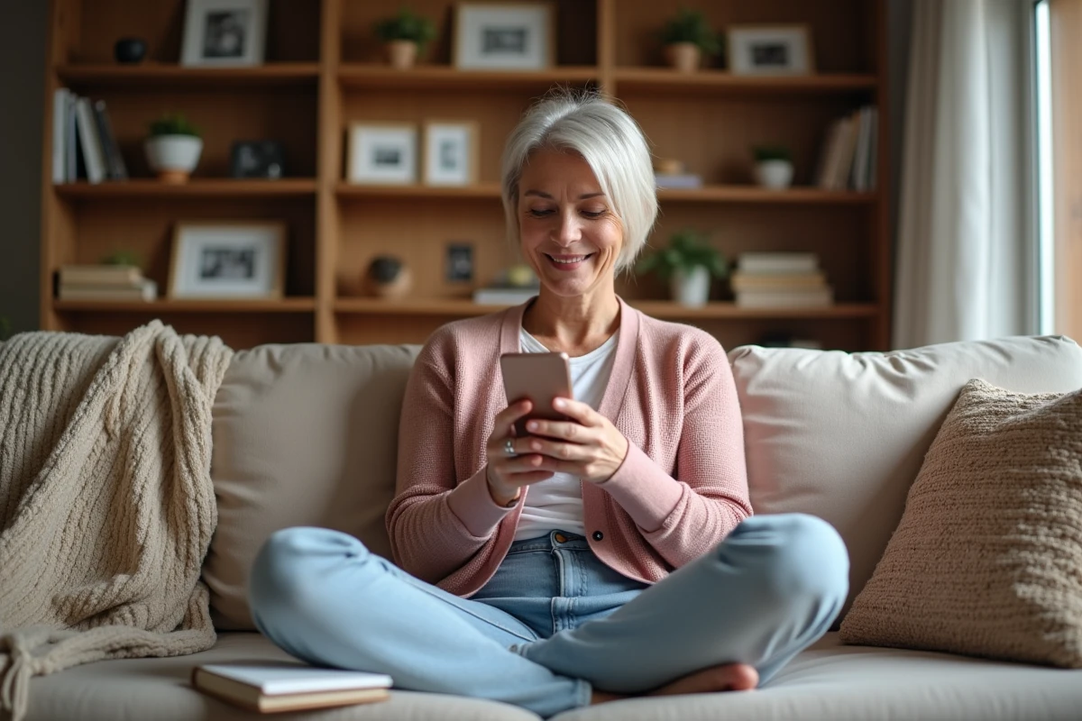 Maman détendue sur son canapé utilisant son smartphone pour gérer les tâches du quotidien dans un salon chaleureux