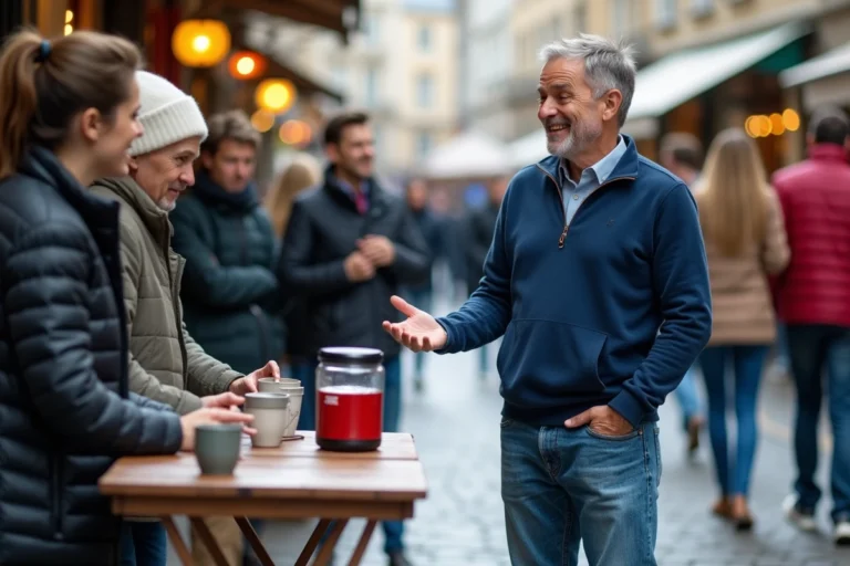 Homme français devant marché en expliquant un gadget