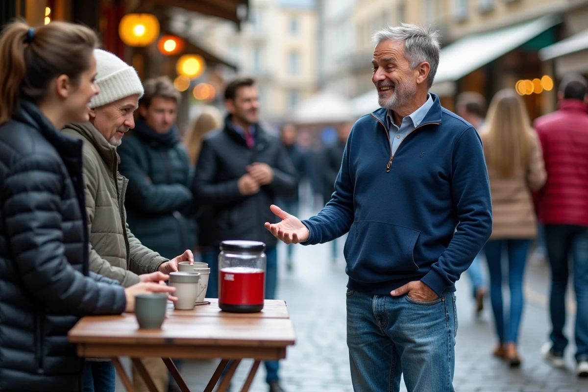 Homme français devant marché en expliquant un gadget