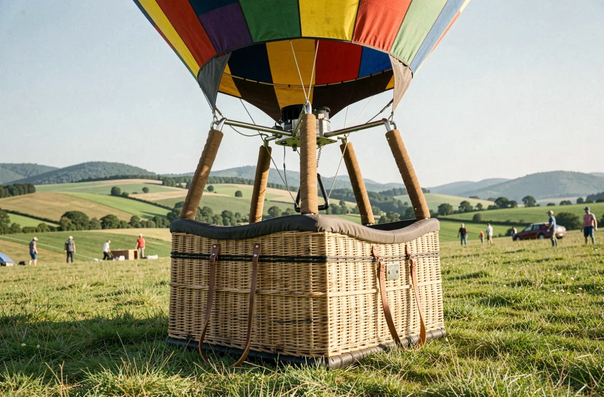 La nacelle en osier tressé d'une montgolfière posée dans une prairie verte avec l'enveloppe colorée gonflée au-dessus