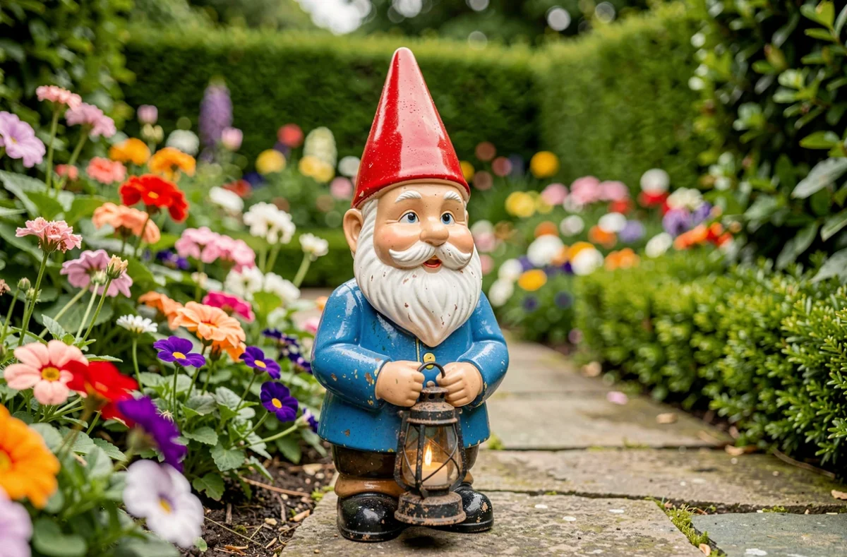 Un nain de jardin en céramique traditionnel avec chapeau rouge et barbe blanche posé dans un parterre de fleurs