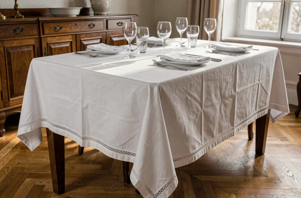 Une nappe de table blanche en lin soigneusement drapée sur une table à manger avec un couvert complet
