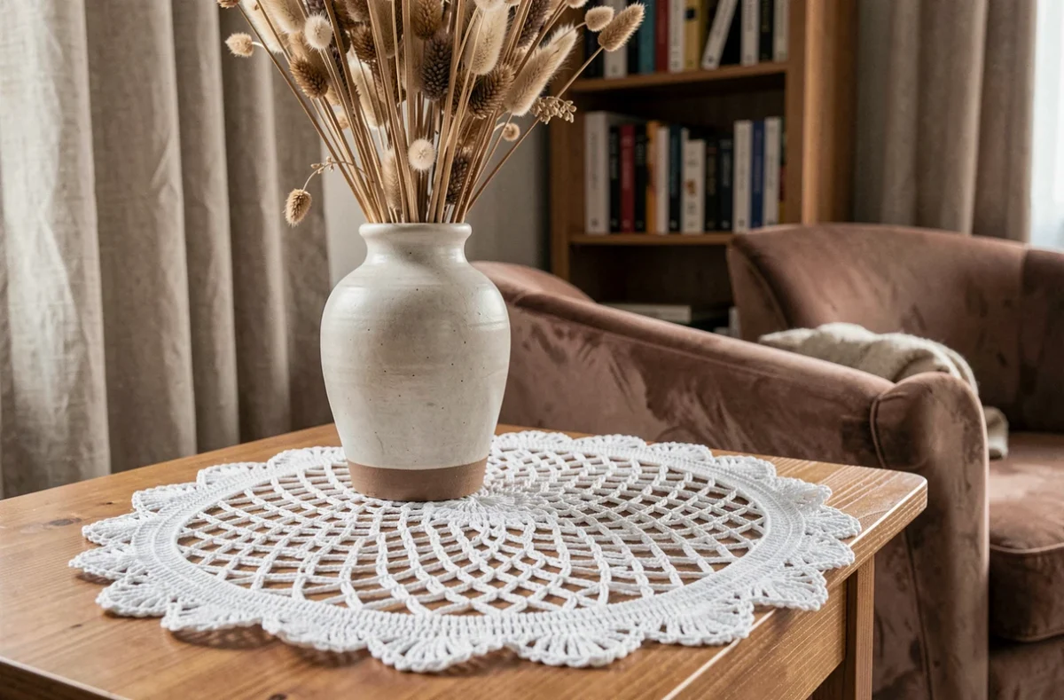 Un napperon rond en dentelle au crochet blanc posé sous un vase sur une table d'appoint en bois