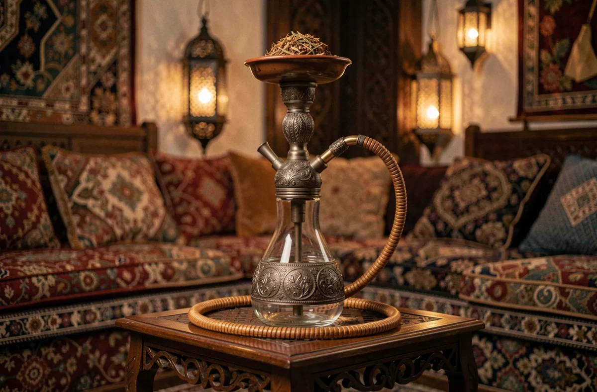 Un narguilé traditionnel orné avec base en verre et tuyau flexible posé sur une table en bois sculpté dans un salon oriental