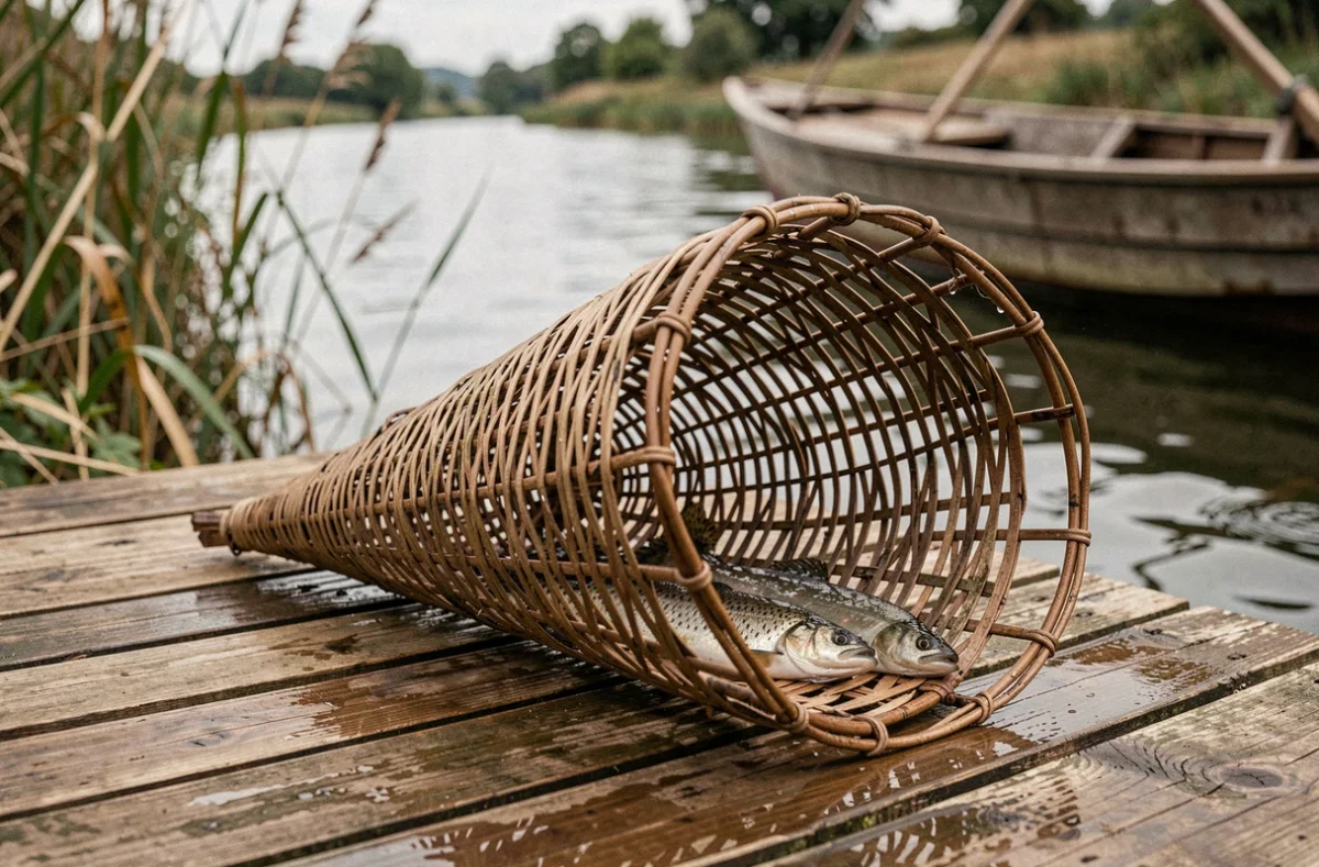 Une nasse en osier tressé posée sur un ponton en bois au bord d'une rivière avec des poissons visibles à l'intérieur