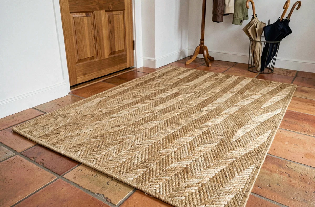 Une natte en fibres naturelles tressées en motif chevron posée sur un carrelage en terre cuite à l'entrée d'une maison