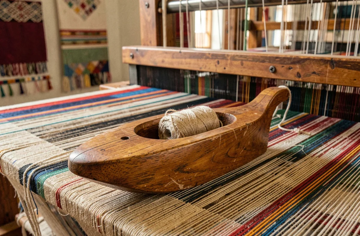 Une navette de tissage en bois poli avec bobine de fil posée sur un métier à tisser dans un atelier textile