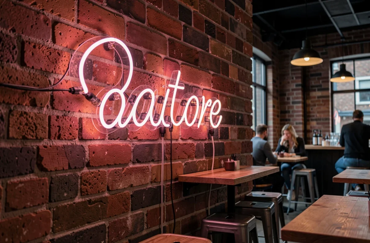Un néon tubulaire rose en forme de mot cursif monté sur un mur de briques dans un café contemporain