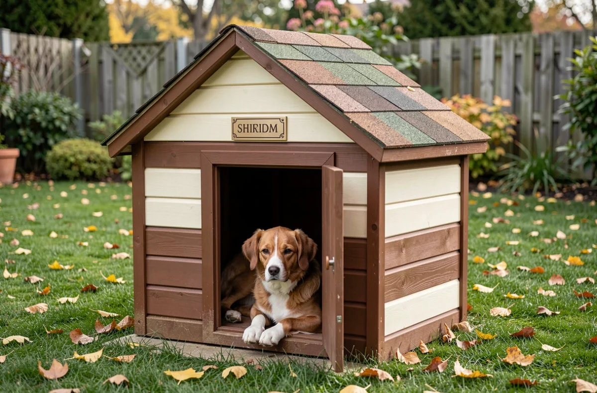 Une niche en bois pour chien installée dans un jardin extérieur avec un chien au repos à l'intérieur