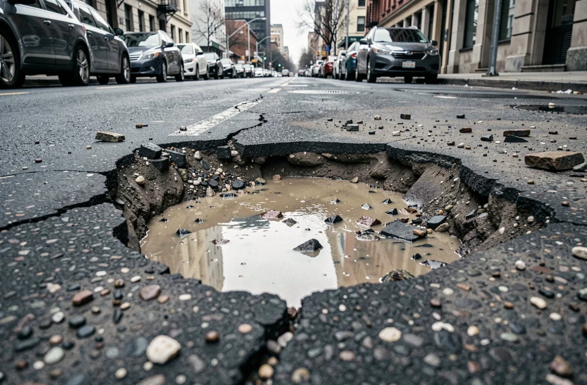 Un nid de poule profond dans le revêtement d'une route asphaltée urbaine montrant des fissures et une déformation de la chaussée
