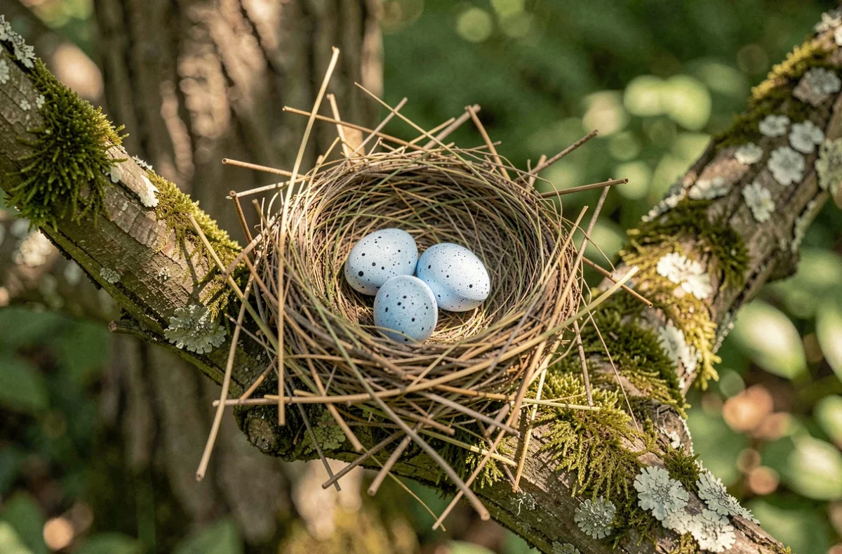 Un nid d'oiseau naturel posé sur une branche mousseuse contenant trois petits œufs bleus tachetés