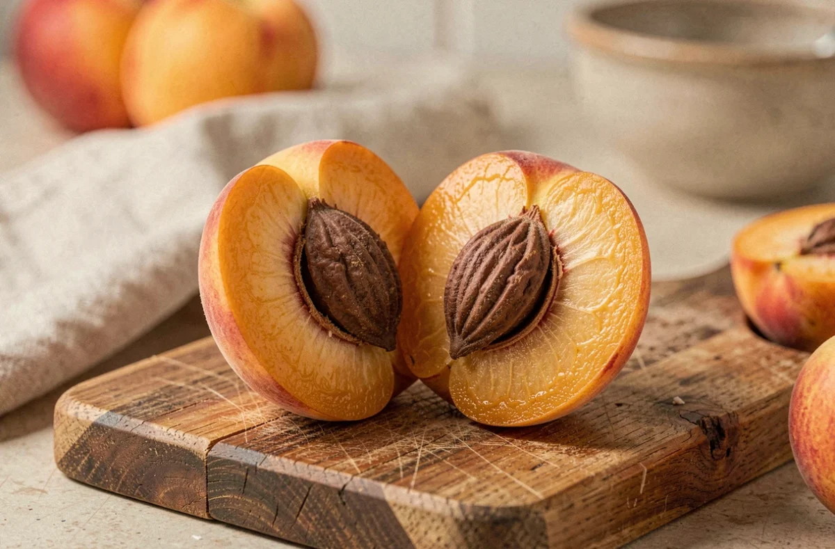 Un noyau de fruit ligneux visible au centre d'une pêche coupée en deux sur une planche à découper en bois