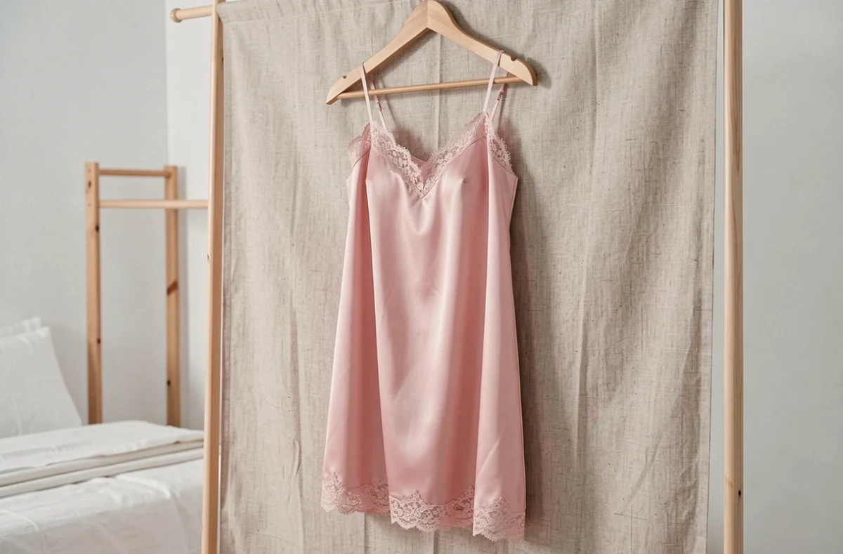 Une nuisette courte en satin rose pâle avec bordure en dentelle suspendue à un cintre en bois dans un décor de chambre minimaliste