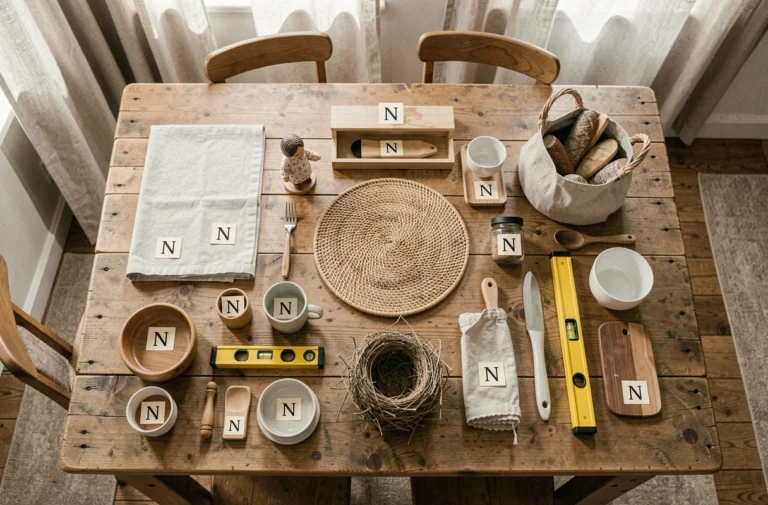 Vue en plongée d'une sélection d'objets du quotidien commençant par la lettre N, disposés en flat-lay sur une table en bois rustique