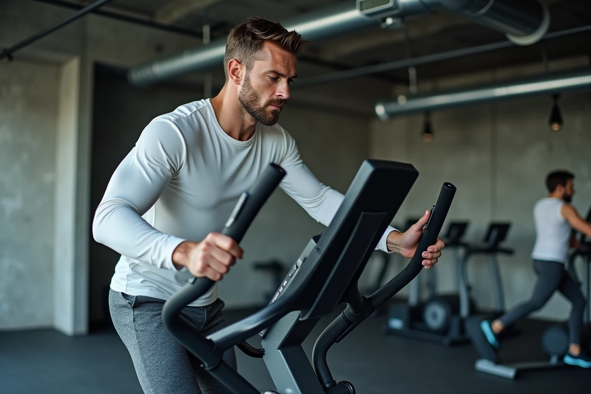 Homme en position correcte sur elliptique en salle de fitness professionnelle avec posture droite et foulée dynamique