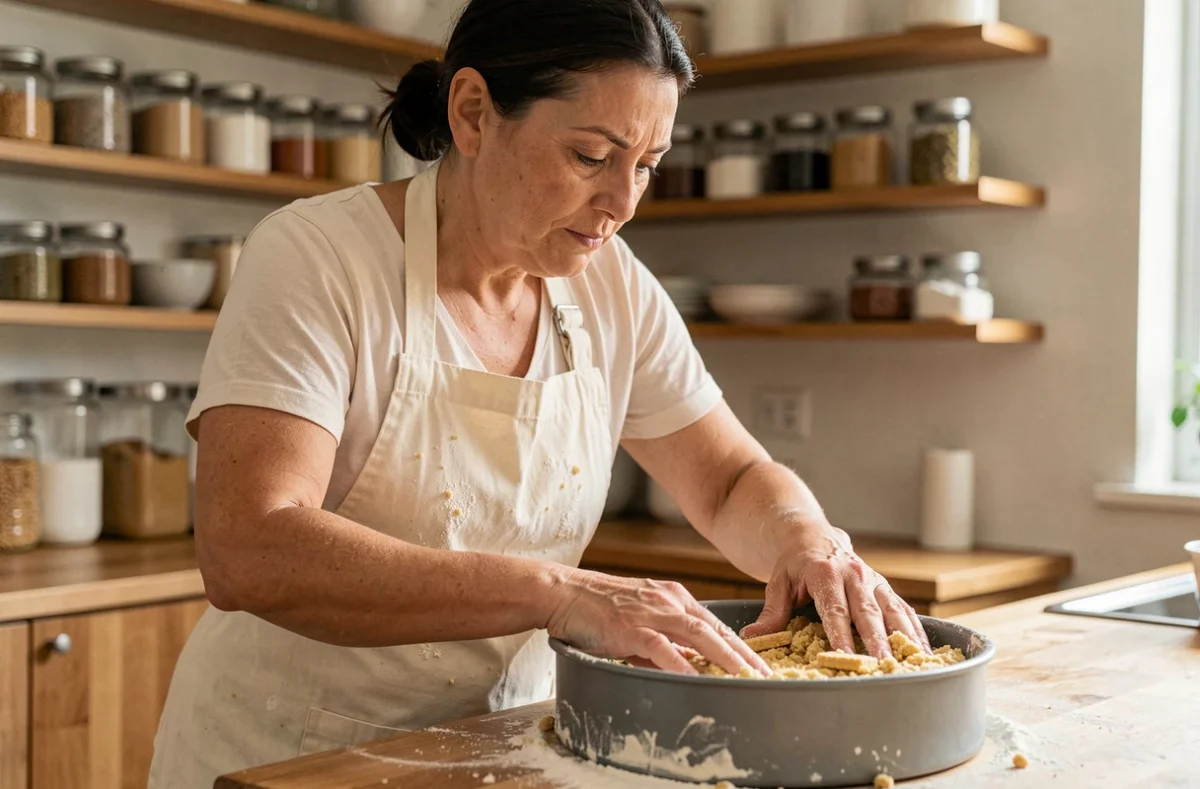 Femme en tablier pressant une pâte à biscuit dans un moule à charnière pour préparer un fond de gâteau maison