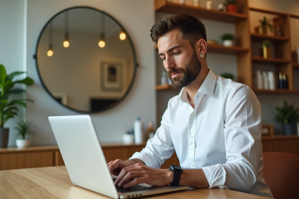 Professionnel de la beauté vérifiant un profil en salon moderne