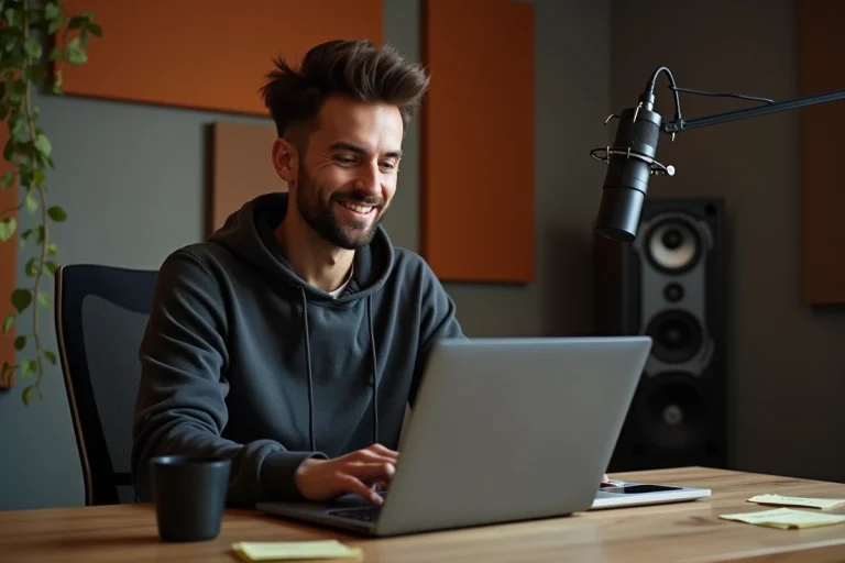 Homme programmant un bouton sonore personnalisé sur un ordinateur portable dans un studio maison avec mousse acoustique