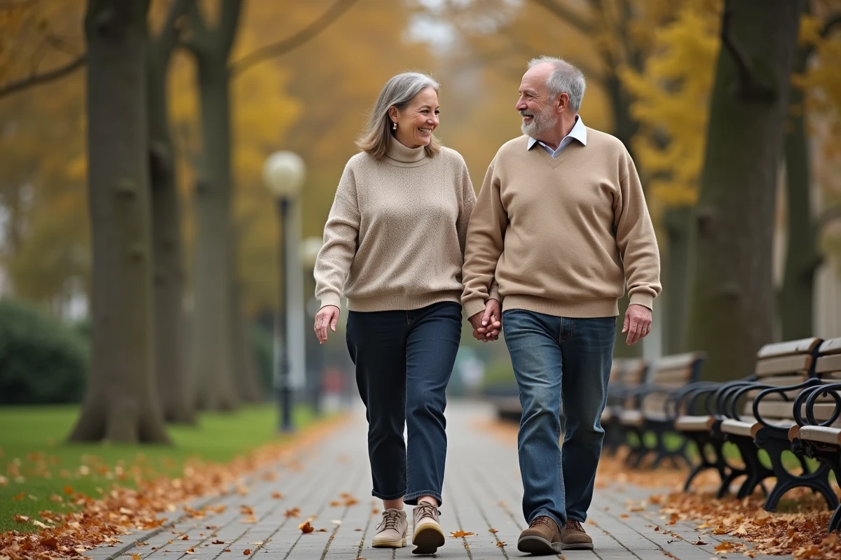 Homme et Carole marchant dans un parc en automne