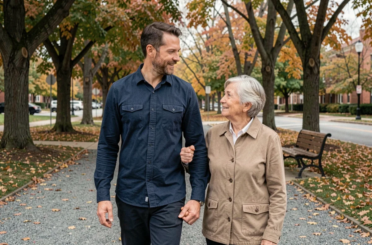 Un homme accompagnant une mère âgée lors d'une promenade bienveillante dans un parc en automne