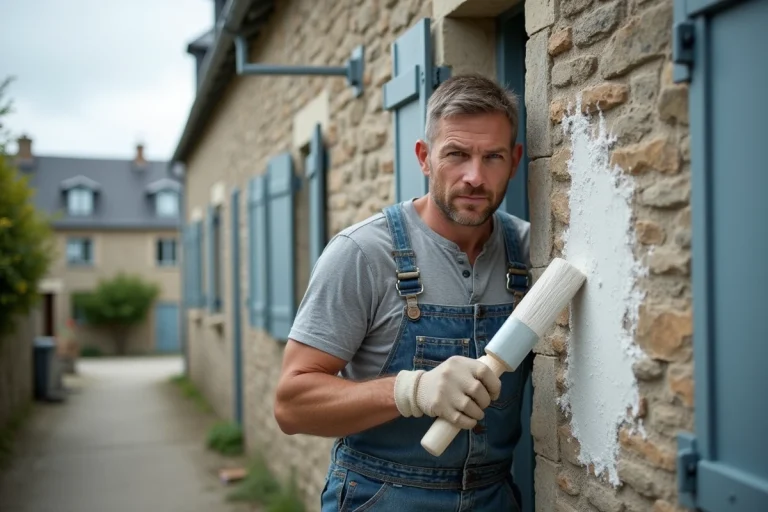 Artisan appliquant de l'enduit à la chaux sur la façade en granit d'une maison néo bretonne en cours de rénovation