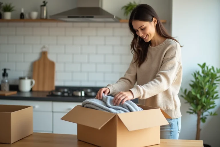 Jeune femme repliant un vêtement pour le retourner dans un colis Zalando sur une table de cuisine moderne