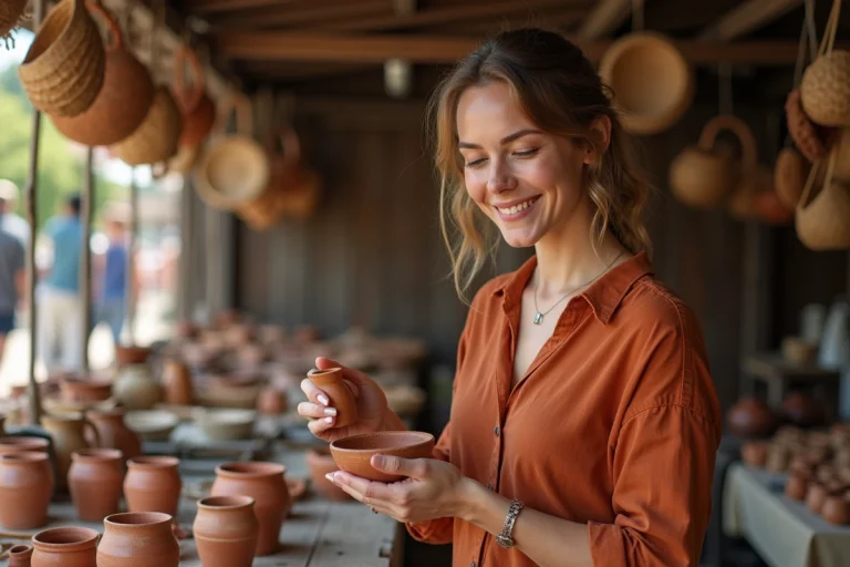 Femme découvrant un bol en céramique artisanale sur un marché de créateurs en plein air