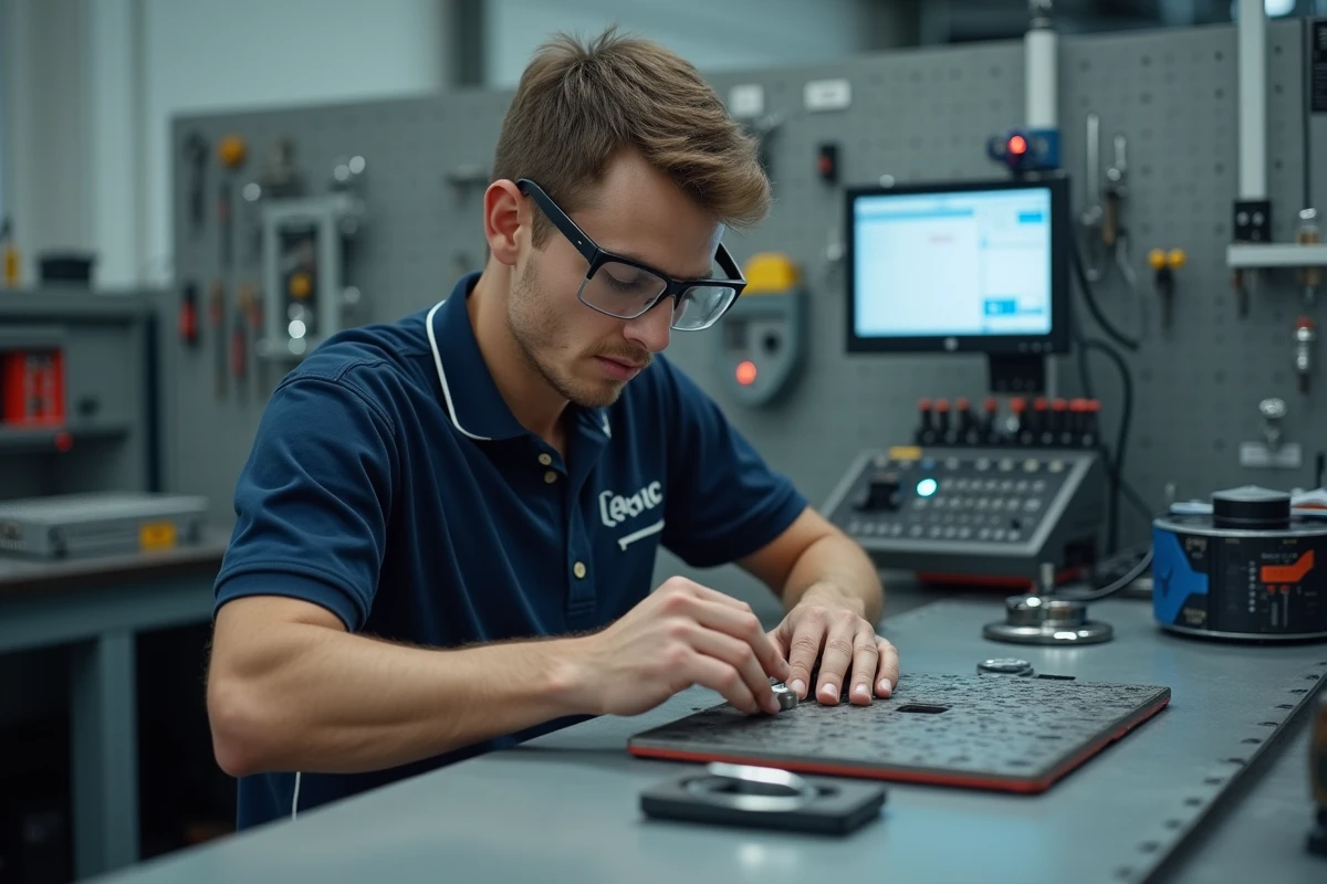 Technicien qualifié travaillant sur un établi industriel, illustrant un métier technique avec un bon salaire mensuel