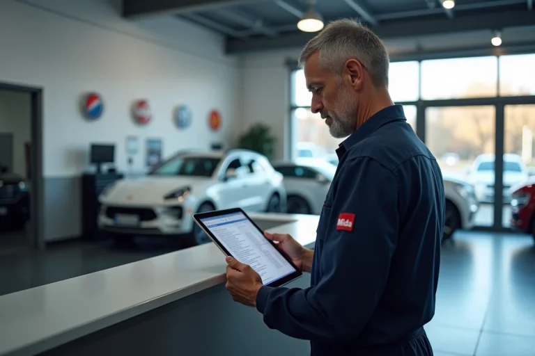 Technicien Midas consultant une tablette pour une demande de carte grise en ligne au comptoir d'accueil d'un centre auto