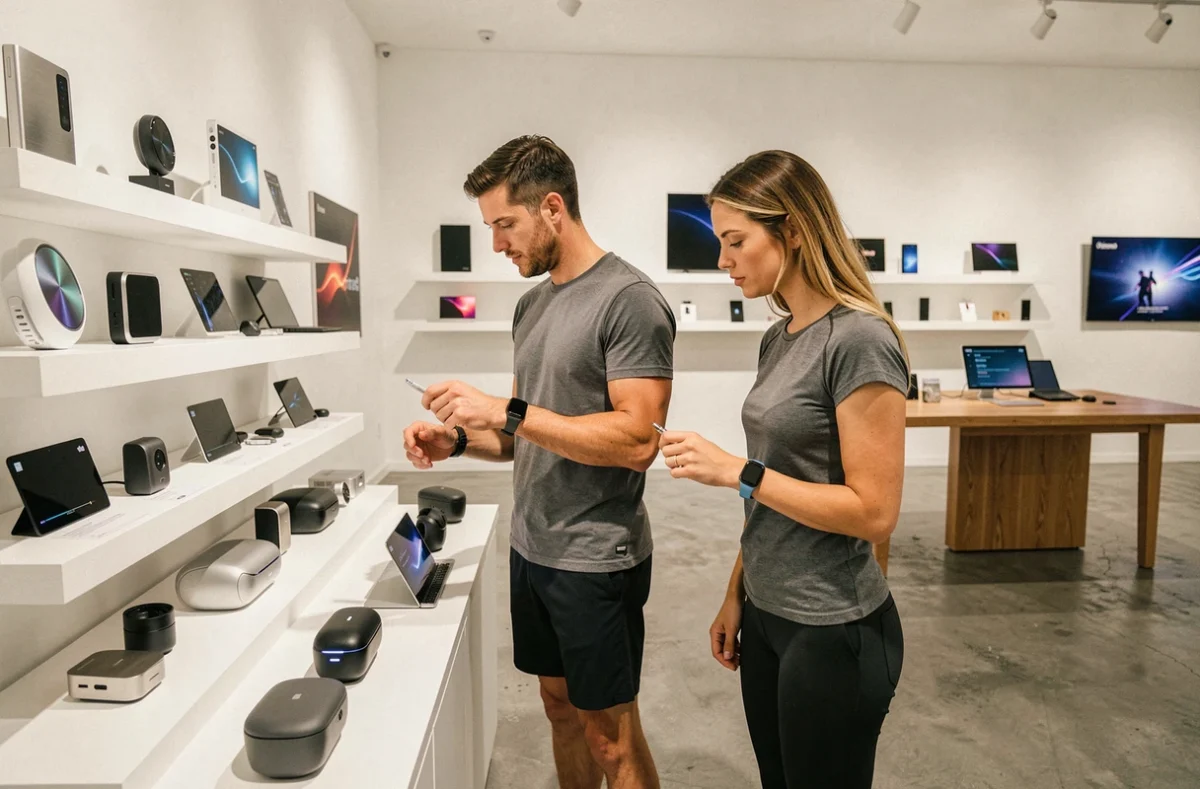 Deux personnes explorant les dernières nouveautés high-tech dans un magasin d'électronique moderne et épuré